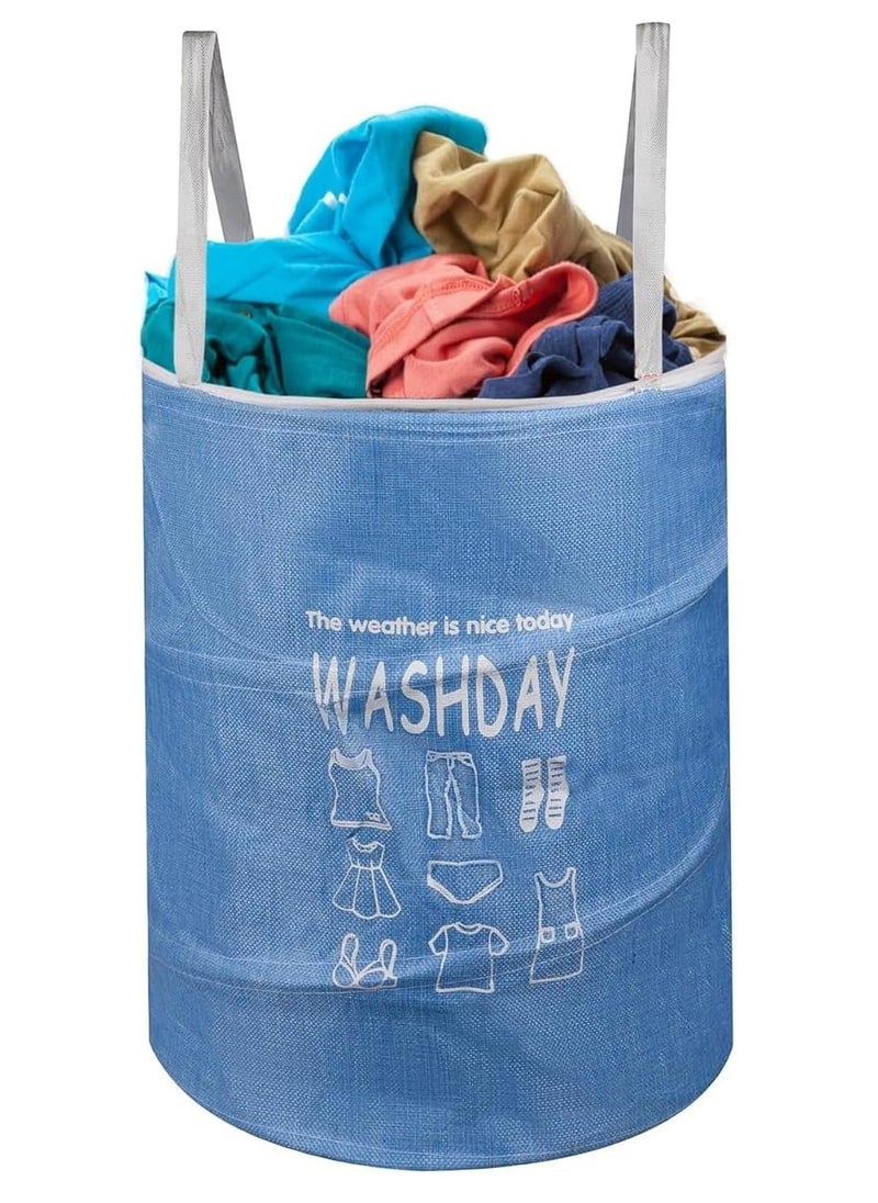 Plan A - 45L Round Fabric Laundry Hamper, Foldable Waterproof Storage Basket with Rustproof Plastic Zipper Lid, Ideal for Clothes, Toys, Space Organization (Blue) - Image 1