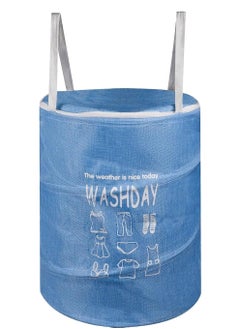 Plan A 45L Round Fabric Laundry Hamper, Foldable Waterproof Storage Basket with Rustproof Plastic Zipper Lid, Ideal for Clothes, Toys, Space Organization (Blue)  - Image 2