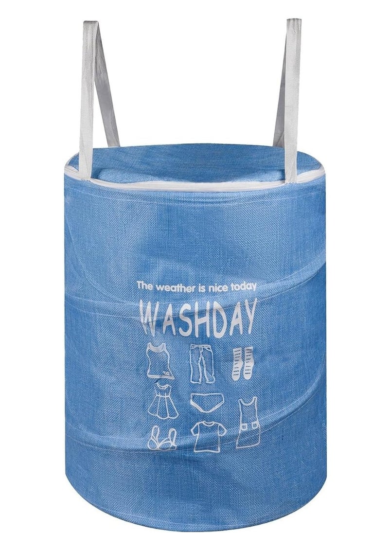 Plan A - 45L Round Fabric Laundry Hamper, Foldable Waterproof Storage Basket with Rustproof Plastic Zipper Lid, Ideal for Clothes, Toys, Space Organization (Blue) - Image 1