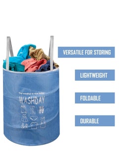 Plan A 45L Round Fabric Laundry Hamper, Foldable Waterproof Storage Basket with Rustproof Plastic Zipper Lid, Ideal for Clothes, Toys, Space Organization (Blue)  - Image 4