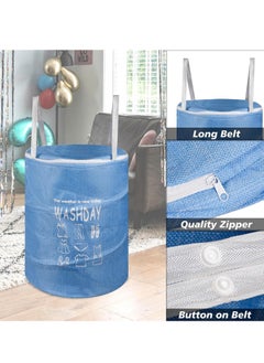 Plan A 45L Round Fabric Laundry Hamper, Foldable Waterproof Storage Basket with Rustproof Plastic Zipper Lid, Ideal for Clothes, Toys, Space Organization (Blue)  - Image 5