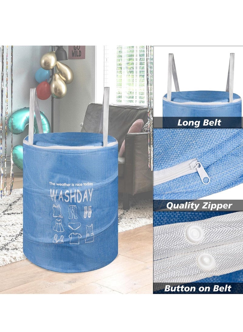 Plan A - 45L Round Fabric Laundry Hamper, Foldable Waterproof Storage Basket with Rustproof Plastic Zipper Lid, Ideal for Clothes, Toys, Space Organization (Blue) - Image 1