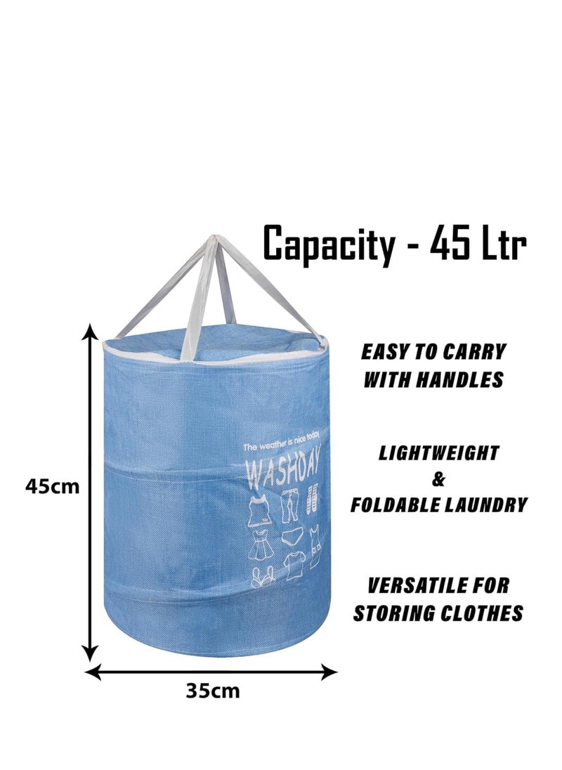 Plan A - 45L Round Fabric Laundry Hamper, Foldable Waterproof Storage Basket with Rustproof Plastic Zipper Lid, Ideal for Clothes, Toys, Space Organization (Blue) - Image 1