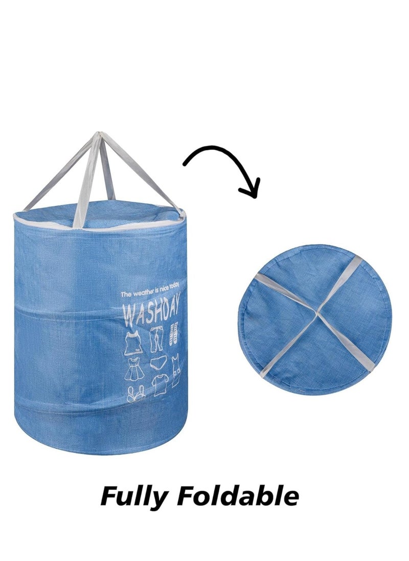 Plan A - 45L Round Fabric Laundry Hamper, Foldable Waterproof Storage Basket with Rustproof Plastic Zipper Lid, Ideal for Clothes, Toys, Space Organization (Blue) - Image 1