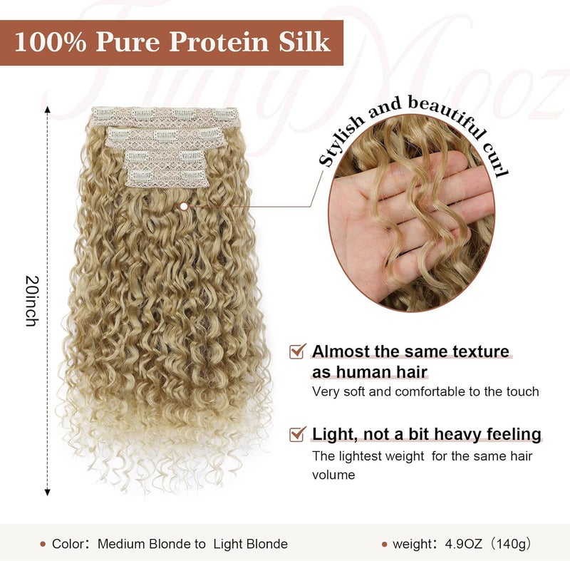 Flufymooz Clip in Hair Extensions, 4PC 100％ Pure Protein Silk Hair Extensions Long Soft Natural Hairpiece 20 Inch Curly Hair Extension for Women (Medium Blonde to Light Blonde) - Image 2