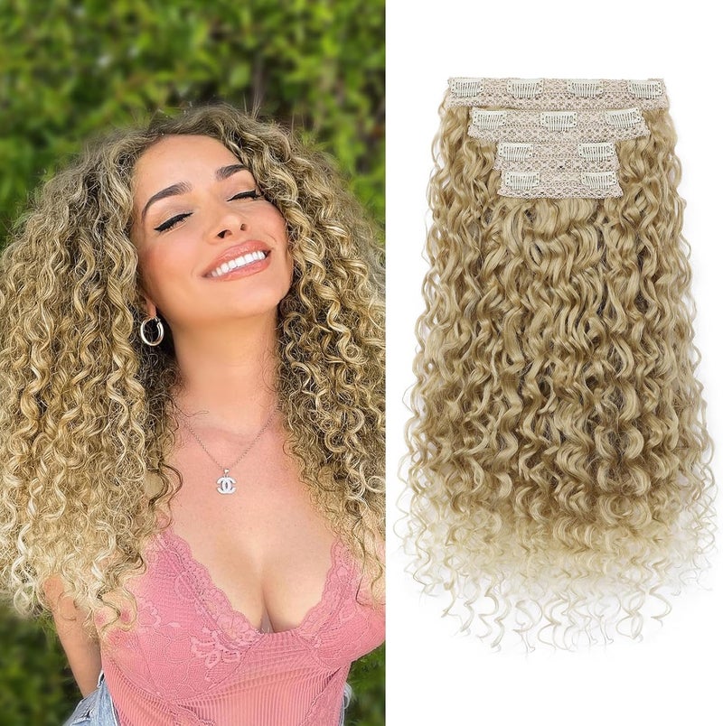 Flufymooz Clip in Hair Extensions, 4PC 100％ Pure Protein Silk Hair Extensions Long Soft Natural Hairpiece 20 Inch Curly Hair Extension for Women (Medium Blonde to Light Blonde) - Image 1