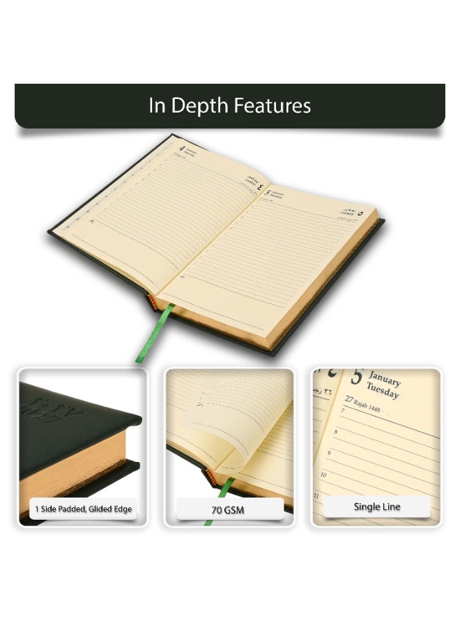 FIS 2027 Golden A5 Diary, 148x210mm, 1 Side Padded Italian PU Cover Materials, Gold Gilded Edges, 1 Day a Page Format, Arabic/English, 70gsm Italian Ivory Paper, Green Cover-FSDI20AEG27GR - Image 5