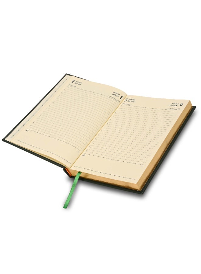 FIS 2027 Golden A5 Diary, 148x210mm, 1 Side Padded Italian PU Cover Materials, Gold Gilded Edges, 1 Day a Page Format, Arabic/English, 70gsm Italian Ivory Paper, Green Cover-FSDI20AEG27GR - Image 4