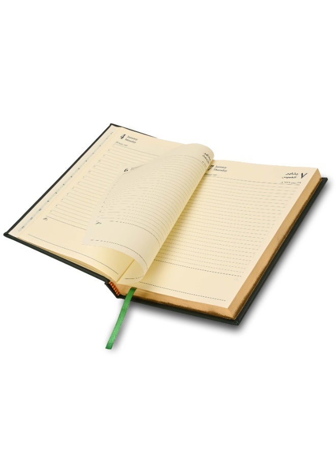 FIS 2027 Golden A5 Diary, 148x210mm, 1 Side Padded Italian PU Cover Materials, Gold Gilded Edges, 1 Day a Page Format, Arabic/English, 70gsm Italian Ivory Paper, Green Cover-FSDI20AEG27GR - Image 2