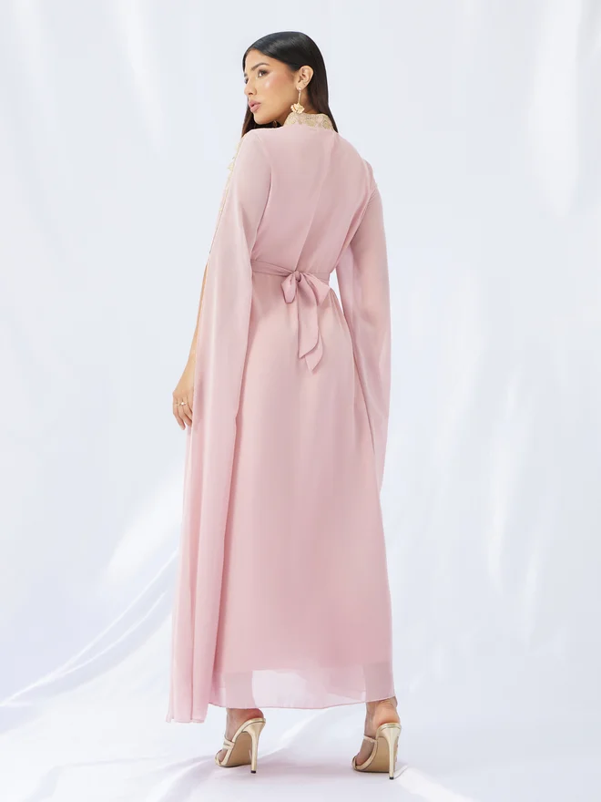 Styli Amirah Lace Detail Slit Sleeves Kaftan with Fabric Belt
