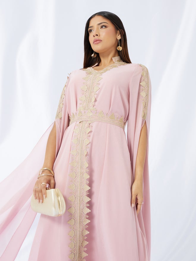 Styli Amirah Lace Detail Slit Sleeves Kaftan with Fabric Belt  - Image 2