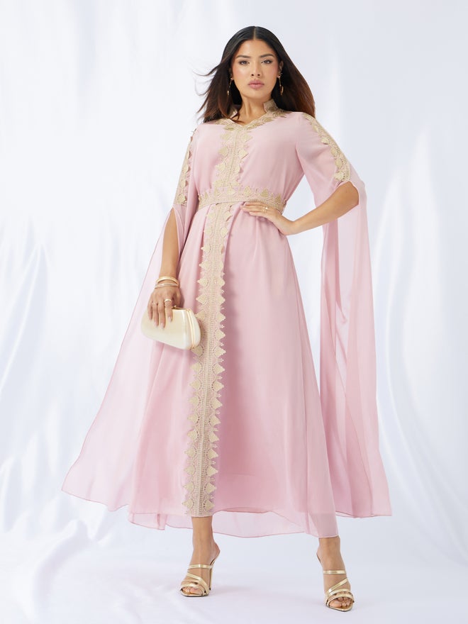 Styli Amirah Lace Detail Slit Sleeves Kaftan with Fabric Belt  - Image 1