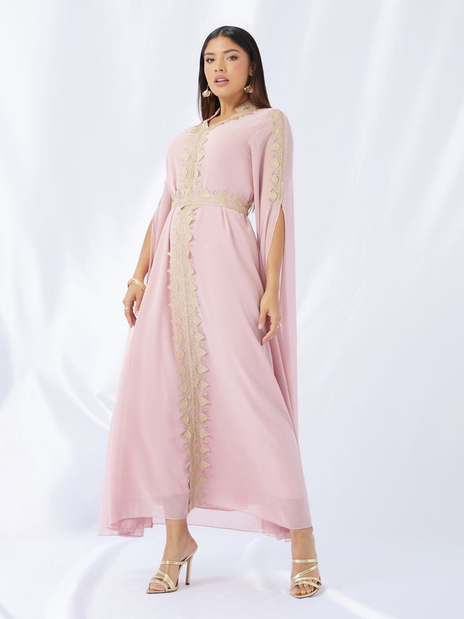 Styli Amirah Lace Detail Slit Sleeves Kaftan with Fabric Belt  - Image 3