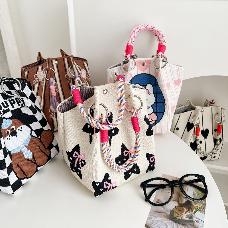 New Korean-Style Student Bag All-Match Handbag Fashion Crossbody Woven Bag Cartoon Phone Bag Knitted Bag - Image 3
