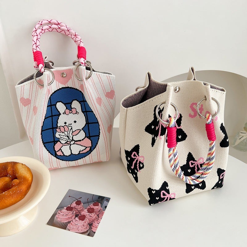 New Korean-Style Student Bag All-Match Handbag Fashion Crossbody Woven Bag Cartoon Phone Bag Knitted Bag - Image 5