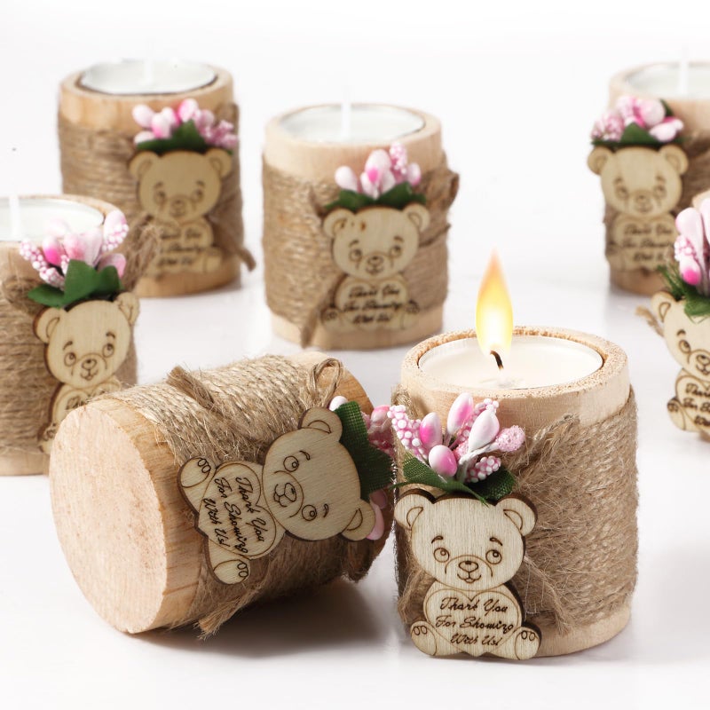 Treela 12 Pcs Christmas Wood Tealight Candle Holder with Candles Baby Shower Candle Tealight Holder Wooden Cylinder Bridal Wedding Favors for Party Centerpieces Decorations Guests Gifts(Light Pink) - Image 2