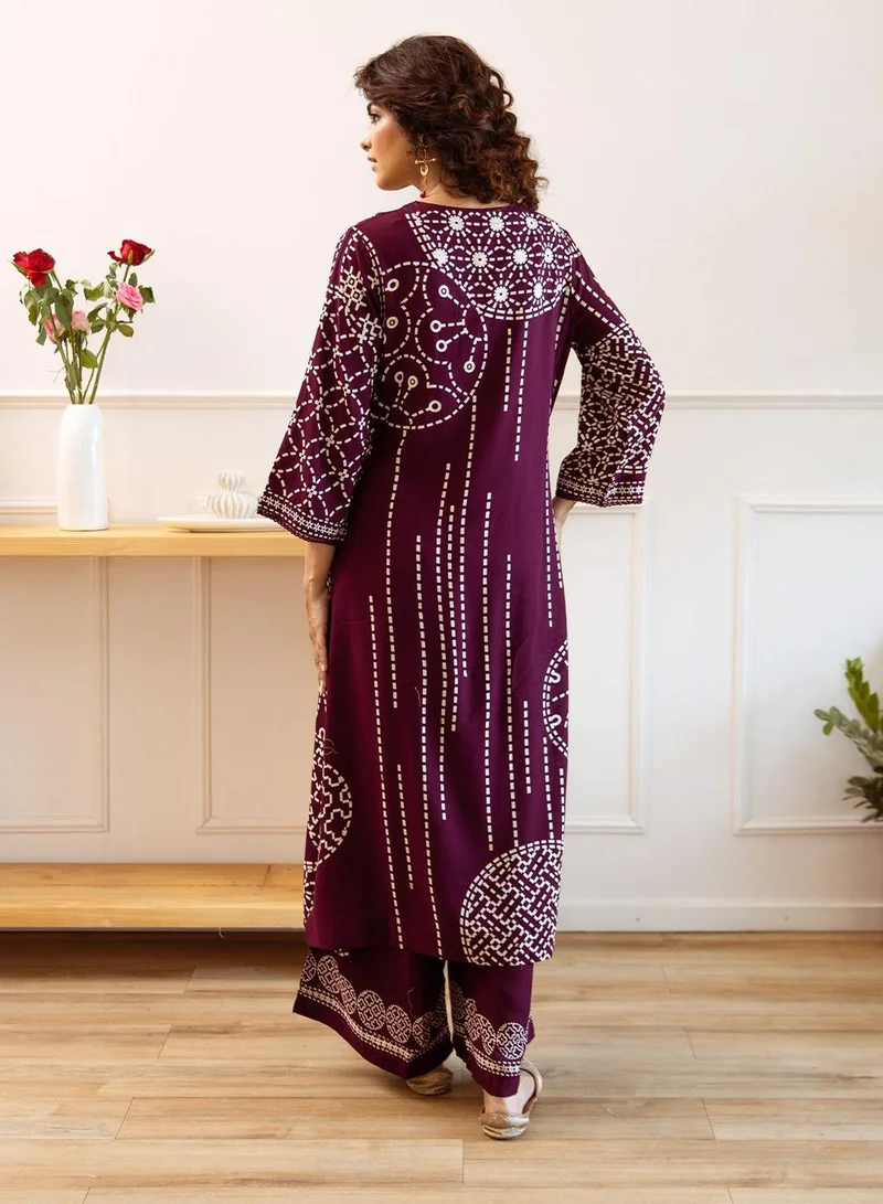 ISHIN Women's Wine Rayon Embellished Tunic Full Length Palazzo Straight Fit Kurta Set