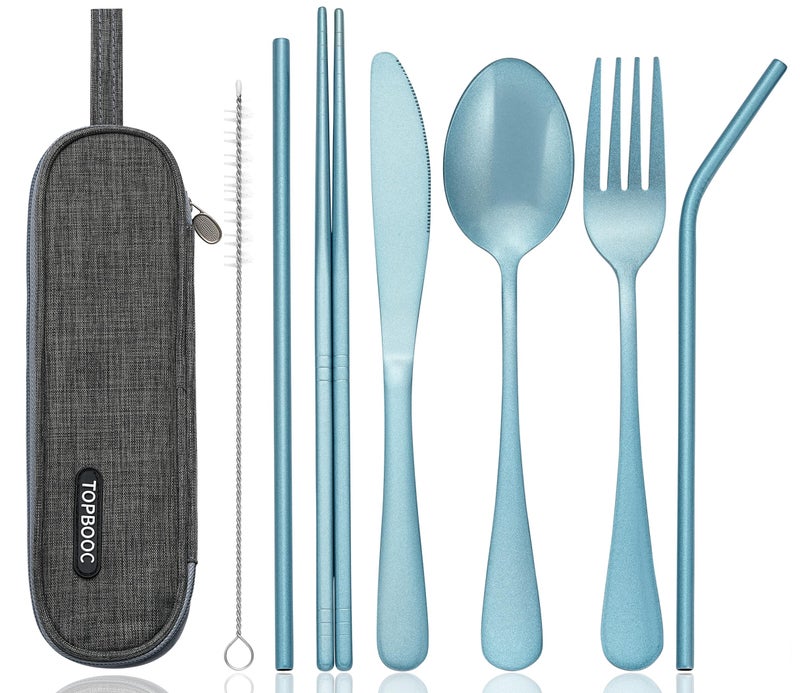 Portable Stainless Steel Flatware Set Travel Camping Cutlery Set Portable Utensil Travel Silverware Dinnerware Set with a Waterproof Case Light Blue