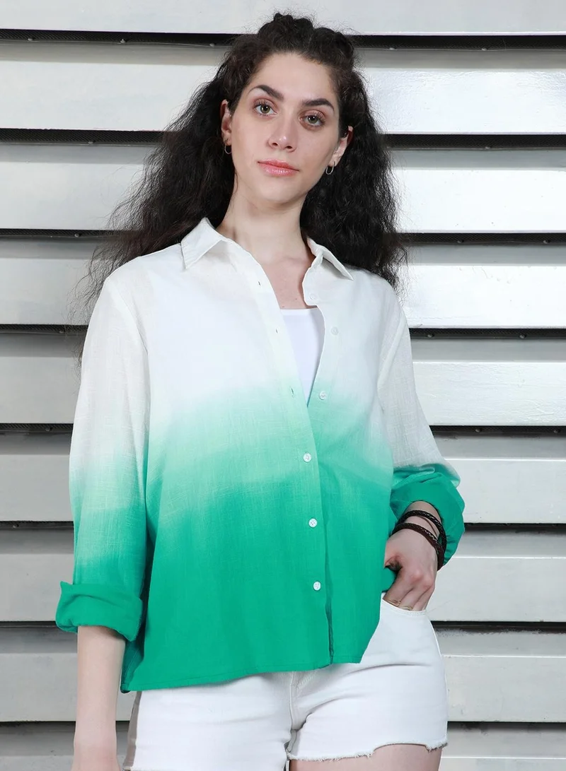 HIGH STAR Boxy Ombre Printed Spread Collar Cotton Casual Shirt for Women