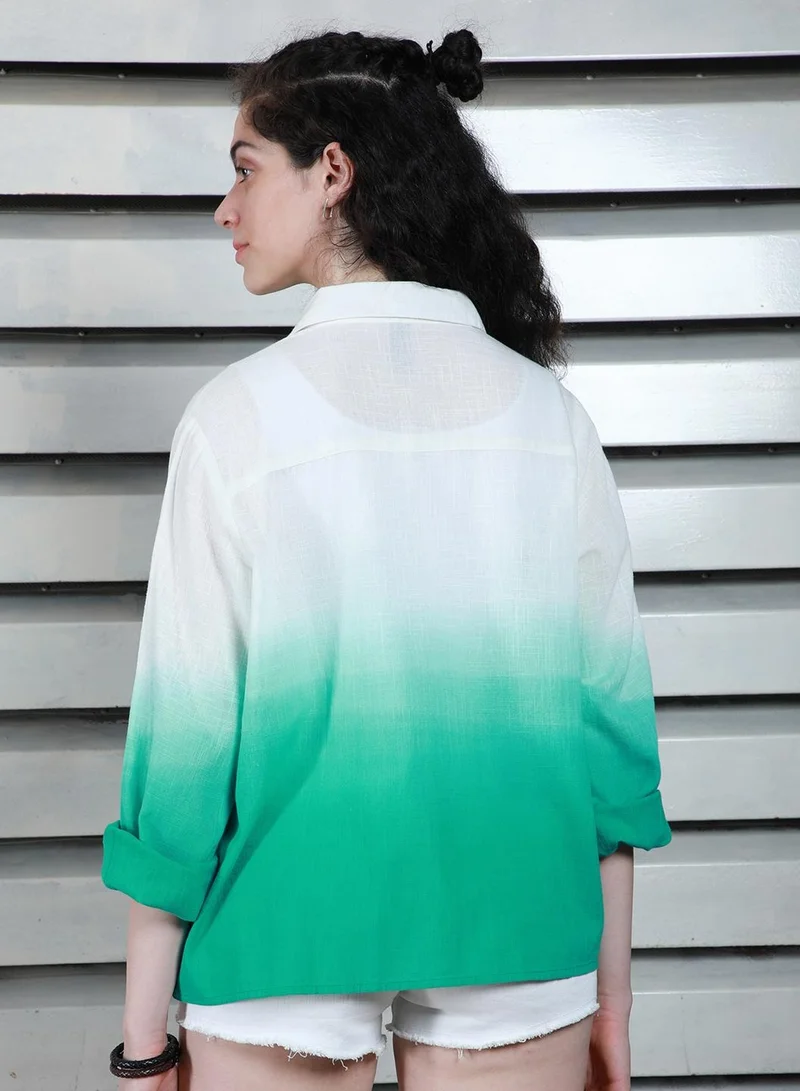 HIGH STAR Boxy Ombre Printed Spread Collar Cotton Casual Shirt for Women