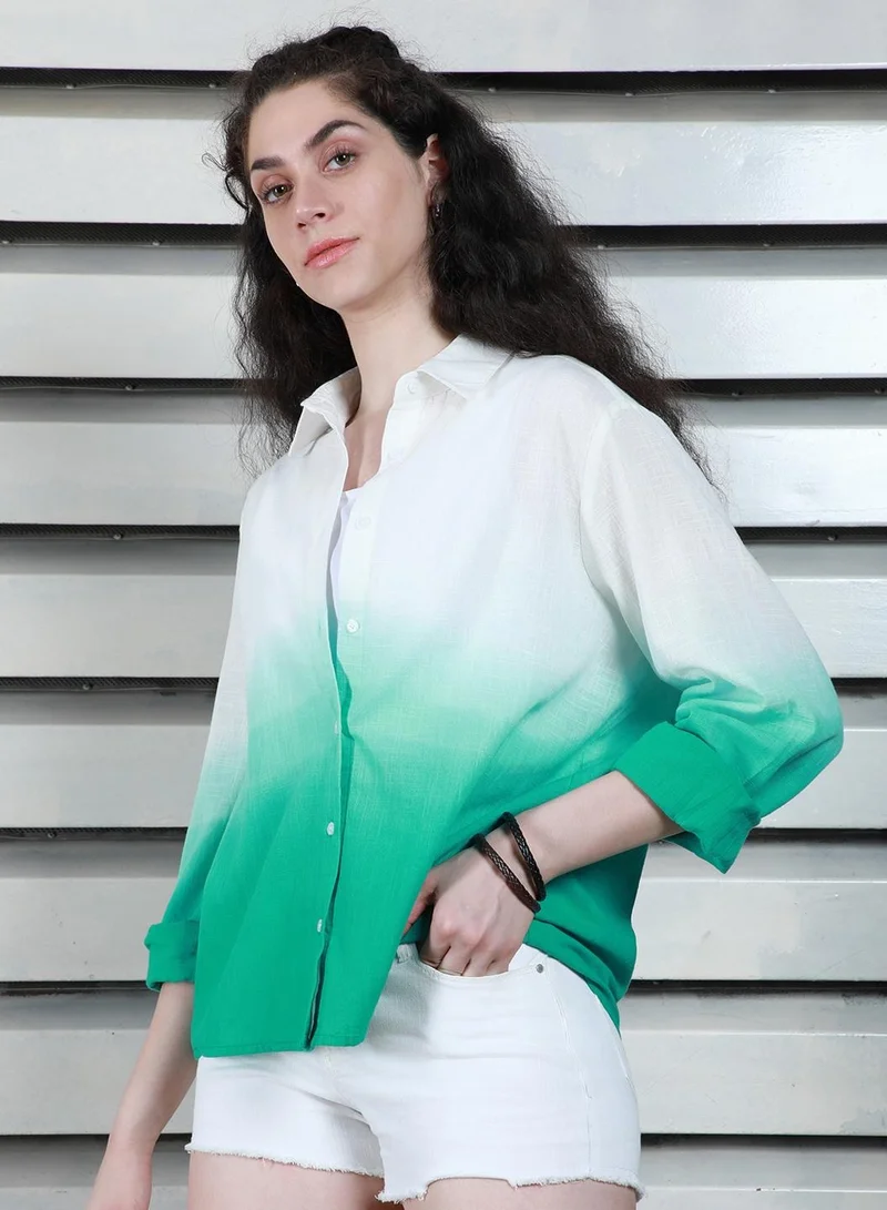 HIGH STAR Boxy Ombre Printed Spread Collar Cotton Casual Shirt for Women