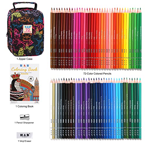 HB H & B 72-Color Colored Pencils Set with Coloring Book, Eraser, and Sharpener - Perfect for Drawing and Coloring - Soft Oil-Based Cores Ideal for Adults and Beginners - Image 2