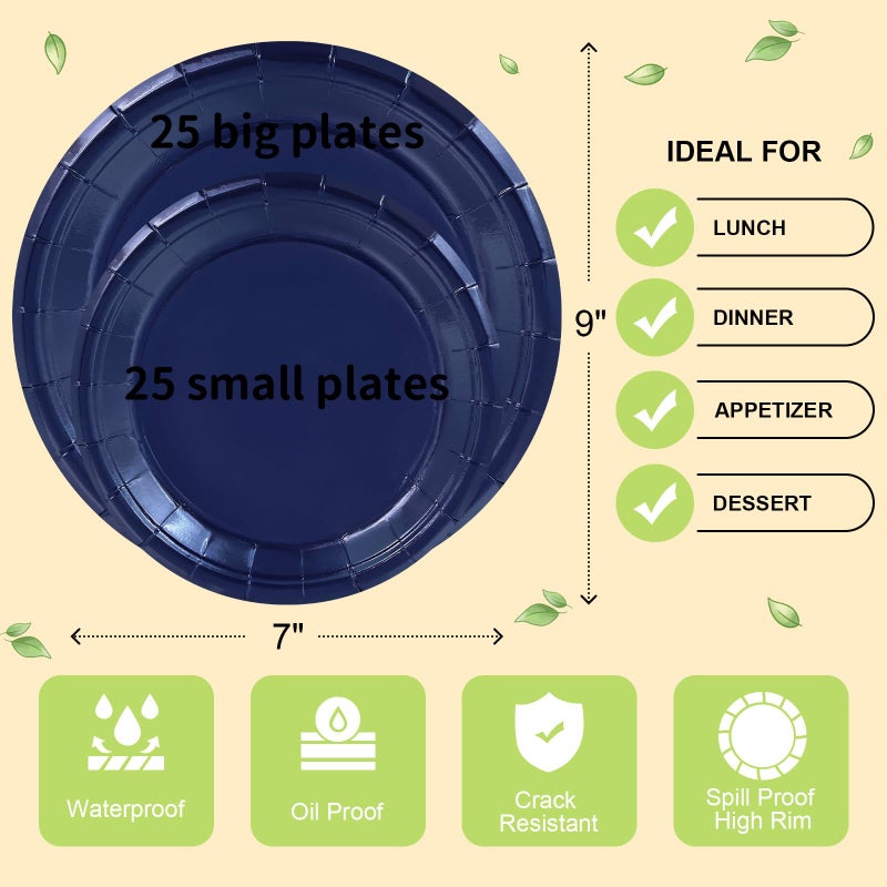 LANLISA 50 Navy Blue Paper Plates Disposable Set Includes 25-9"" & 25-7"" Dessert Plates Disposable Birthday Cake Paper Plates For Party Supplies - Image 5