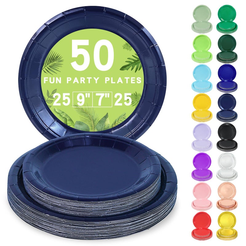 LANLISA 50 Navy Blue Paper Plates Disposable Set Includes 25-9"" & 25-7"" Dessert Plates Disposable Birthday Cake Paper Plates For Party Supplies - Image 1