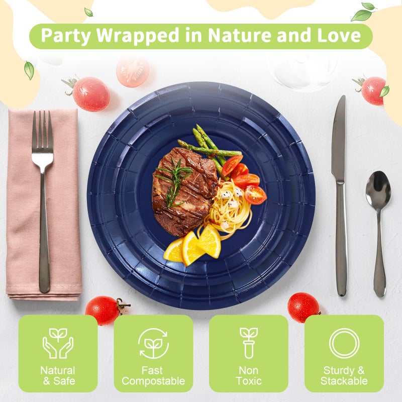 LANLISA 50 Navy Blue Paper Plates Disposable Set Includes 25-9"" & 25-7"" Dessert Plates Disposable Birthday Cake Paper Plates For Party Supplies - Image 3