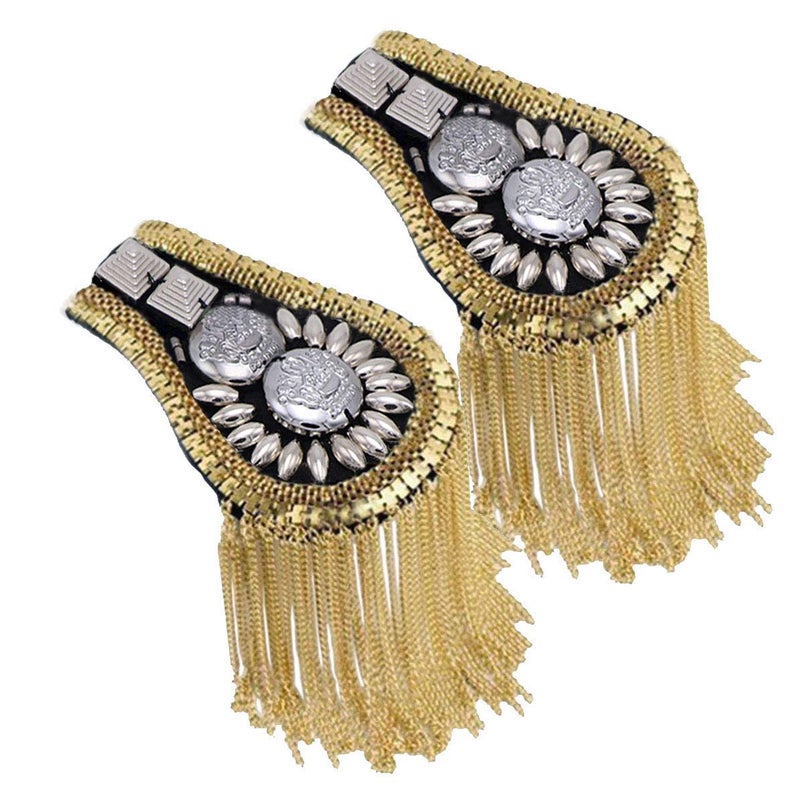 Blazer Shoulder Epaulets Tassel Chain Metal Epaulettes Beads Punk Fringe Epault by The Pair 3 Color Options (Gold)