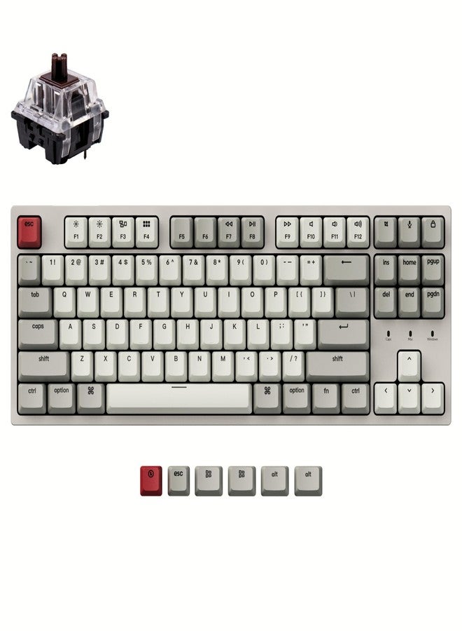 كيشرون لوحة مفاتيح Keychron C1 الميكانيكية السلكية ذات 87 مفتاحًا بتصميم بدون لوحة أرقام، متوافقة مع أجهزة Mac، مزودة بمفاتيح بنية اللون، وأغطية مفاتيح ABS بألوان كلاسيكية، وكابل USB من النوع C، وهي لوحة مفاتيح ألعاب كمبيوتر تعمل بنظام Windows على أجهزة الكمبيوتر المحمولة والمكتبية. - Image 1
