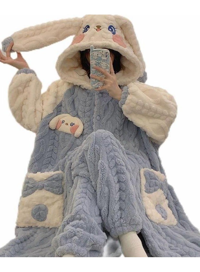 KUYING Velvet and Thickened Nightgown Cute Cartoon Home Fur Set