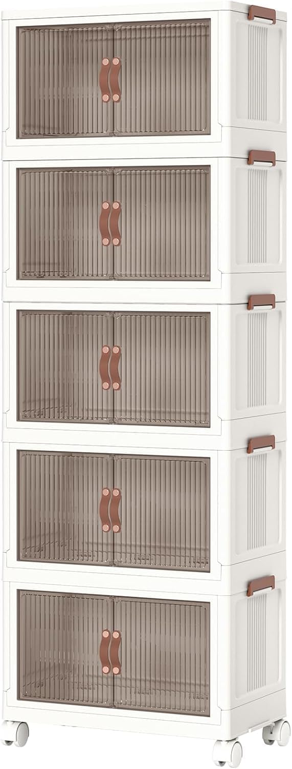 UREVO Foldable Storage Bins with Lid, Wheels and Magnetic Door, Stackable and Foldable ABS Organizer for Kitchen, Cloakroom, Living Room and Office (5 Tiers) - Image 1