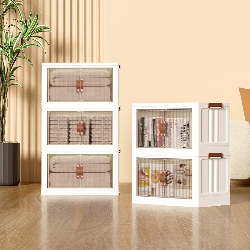 UREVO Foldable Storage Bins with Lid, Wheels and Magnetic Door, Stackable and Foldable ABS Organizer for Kitchen, Cloakroom, Living Room and Office (5 Tiers) - Image 2