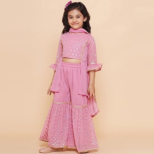 AJ DEZINES Georgette Kids Ethnic Wear Foil Printed Panelled Pink Kurta Sharara Set For Girls With Dupatta (G-1094-Pink-36), 12-13 Years - Image 4