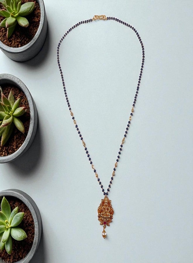 OMID, Traditional Black Bead Mangalsutra with Ganesh Gold-Plated Pendant and Pearl Drop for Women - Image 3