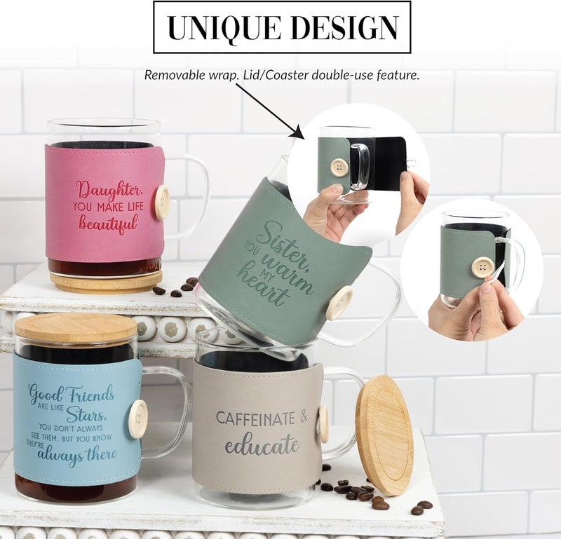 Pavilion Gift Company Pavilion Gift Company  Sister You Warm My Heart 16 oz Glass Coffee Cup Mug With Unique Green Wrap  Bamboo Coaster Cap 3 Piece Present Gift - Image 4