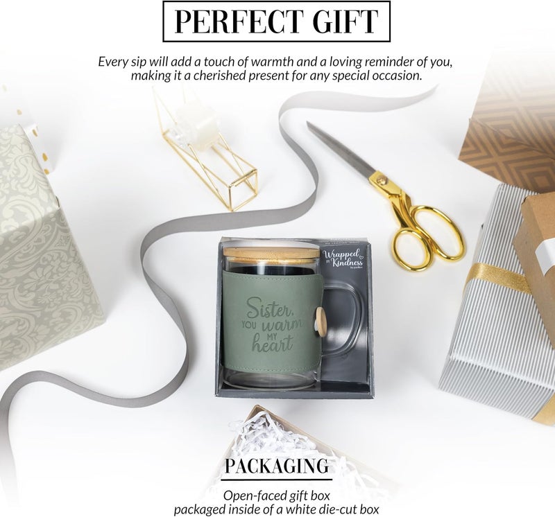 Pavilion Gift Company Pavilion Gift Company  Sister You Warm My Heart 16 oz Glass Coffee Cup Mug With Unique Green Wrap  Bamboo Coaster Cap 3 Piece Present Gift - Image 3