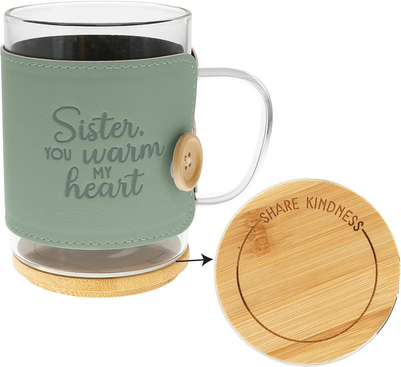 Pavilion Gift Company Pavilion Gift Company  Sister You Warm My Heart 16 oz Glass Coffee Cup Mug With Unique Green Wrap  Bamboo Coaster Cap 3 Piece Present Gift - Image 1