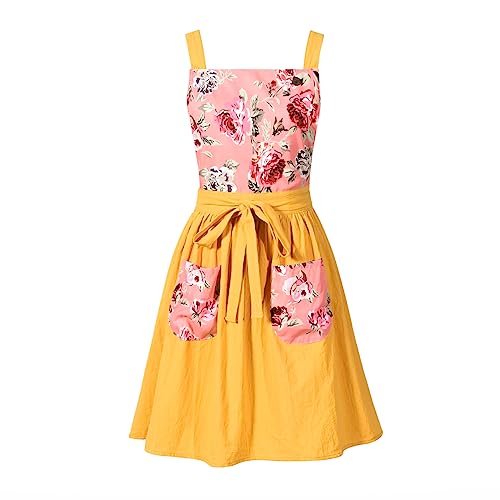Pinknoke Vintage Pinafore Apron Dress for Women with Pockets Cute Floral Chef Aprons for Kitchen Cooking Baking Gardening (Yellow) - Image 1