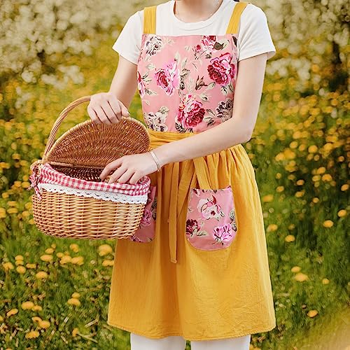 Pinknoke Vintage Pinafore Apron Dress for Women with Pockets Cute Floral Chef Aprons for Kitchen Cooking Baking Gardening (Yellow) - Image 2