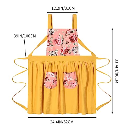 Pinknoke Vintage Pinafore Apron Dress for Women with Pockets Cute Floral Chef Aprons for Kitchen Cooking Baking Gardening (Yellow) - Image 5