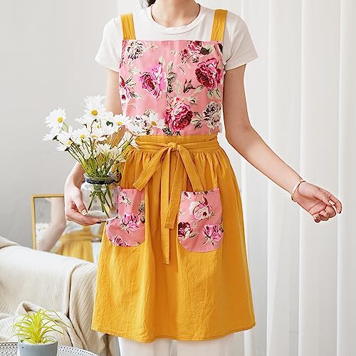 Pinknoke Vintage Pinafore Apron Dress for Women with Pockets Cute Floral Chef Aprons for Kitchen Cooking Baking Gardening (Yellow) - Image 3