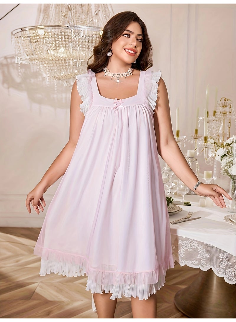 فستان نوم نسائي مقاس كبير بدون أكمام بياقة مربعة وشبكة بكشكشة - Image 4