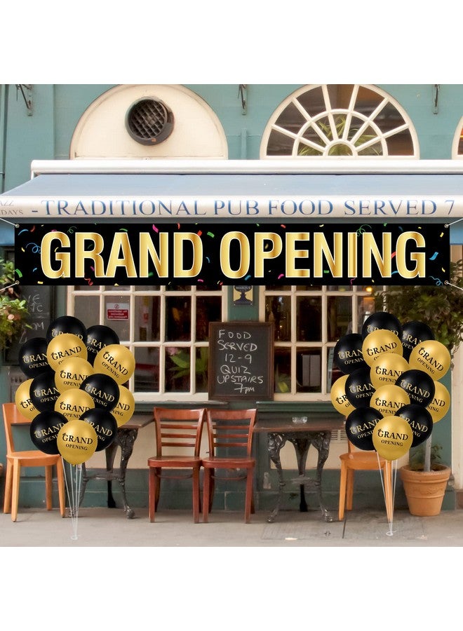 Charniol Large Grand Opening Banner 30 Pieces Latex Balloons Decorations 12 Inch 18 x 118 Retail Store Shop Business Restaurant Banners Flag (Black, Gold) - Image 1