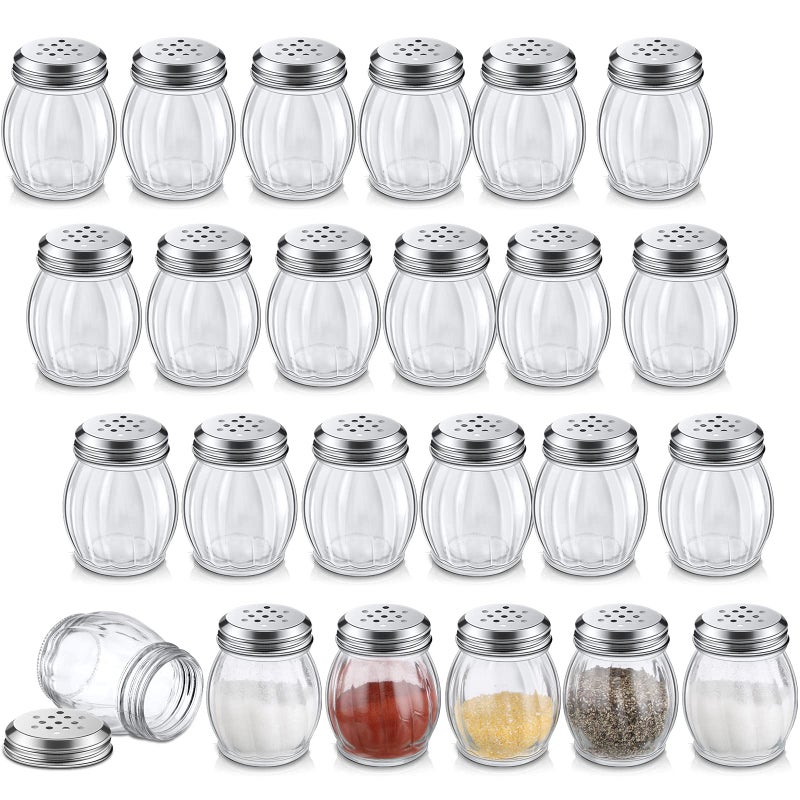 Hotop 24 Pcs Glass Spices Shaker with Perforated Top Cheese Shaker with Slotted Stainless Steel Top Retro Swirl Style Jar Dispensers for Pepper Sugar Spice Home Kitchen Applications 6 Ounce Simple Style 