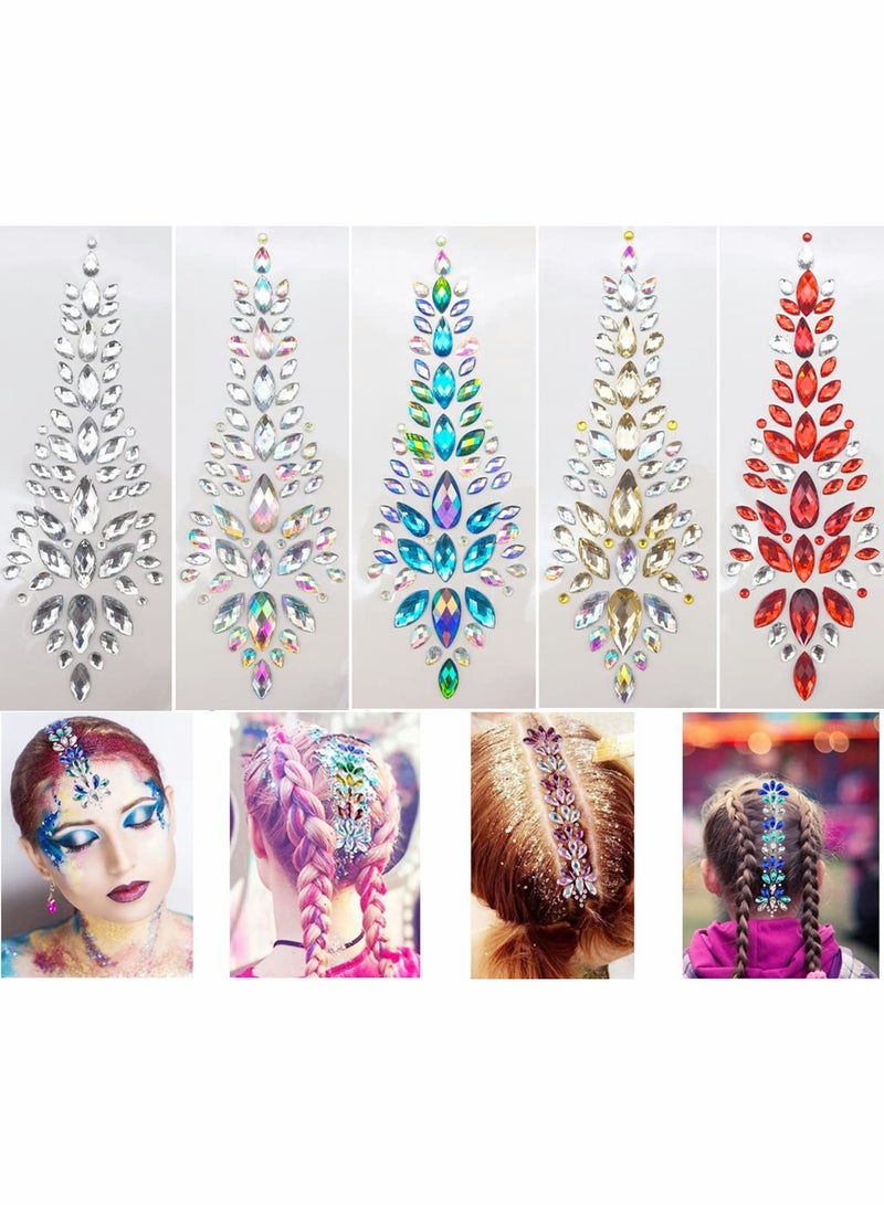 Excefore Hair Gems Tattoo Stickers Face Body Jewels Stickers Eyes Forehead Mermaid Rhinestone Glitter Tattoos with Self Adhesive Crystal Tears Paste for DIY Body Art Decals, Music Festival Party(5 Pack)  - Image 1