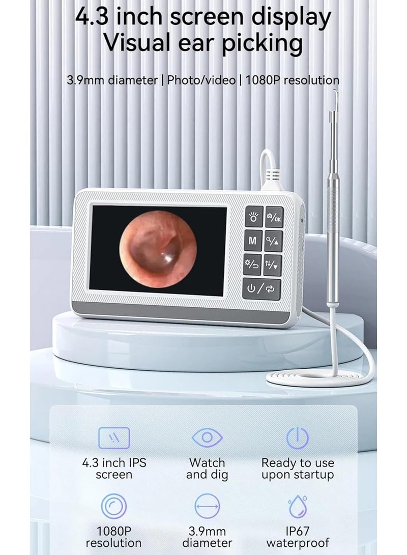مزيل شمع الأذن بشاشة، كاميرا متعددة الوظائف مع منظار أذن مضاء، منظار أذن 3.9 مم، مزود بشاشة IPS عالية الدقة 1920P مقاس 4.3 بوصة، أداة تنظيف شمع الأذن مقاومة للماء بمعيار IP67، التوصيل والتشغيل، مناسب للبالغين والأطفال والحيوانات الأليفة (أبيض). - Image 3