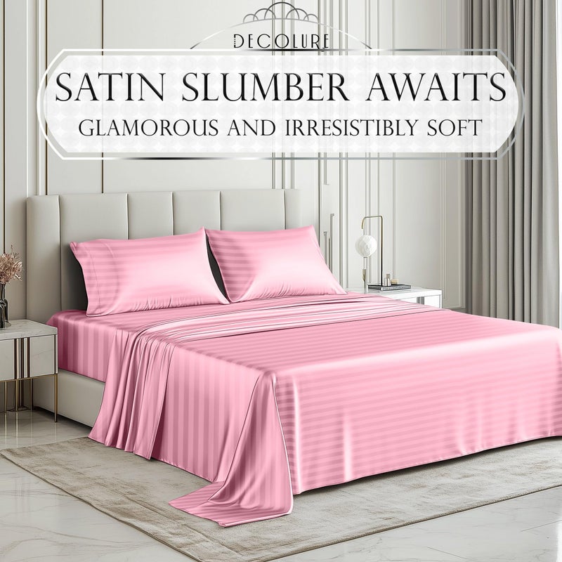 DECOLURE Satin Bed Sheets - 4 Piece Luxury Silky Queen Size Bedding Set - Softer Than Silk, Wrinkle-Free with 15â€ Deep Pocket Fitted Sheet, Perfect for Hair & Skin, Gifts for Women (Striped Pink) - Image 2