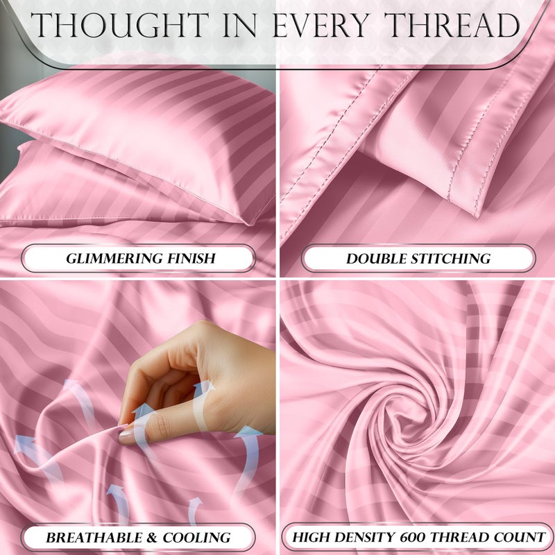 DECOLURE Satin Bed Sheets - 4 Piece Luxury Silky Queen Size Bedding Set - Softer Than Silk, Wrinkle-Free with 15â€ Deep Pocket Fitted Sheet, Perfect for Hair & Skin, Gifts for Women (Striped Pink) - Image 3